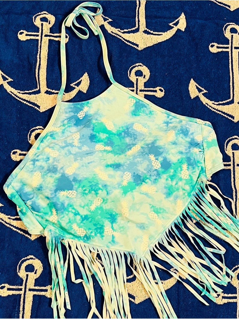 Tie-Dye Pineapple Fringe Halter SwimTop Size L - Aqua & Teal